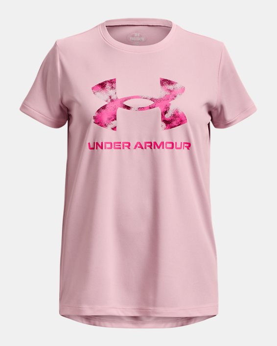 Girls' UA Tech™ Print Fill Big Logo Short Sleeve, Pink, pdpMainDesktop image number 0